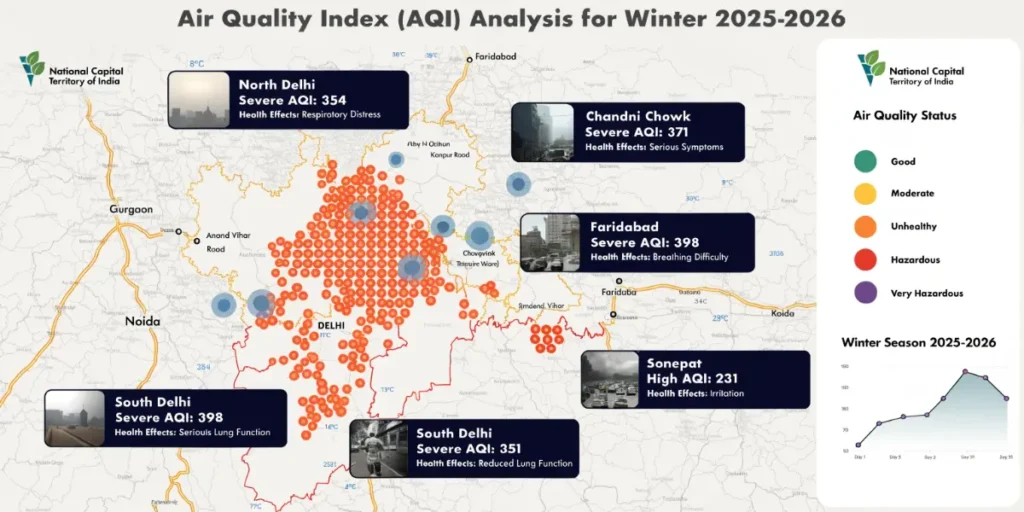 Map showing Delhi AQI hotspots during winter 
